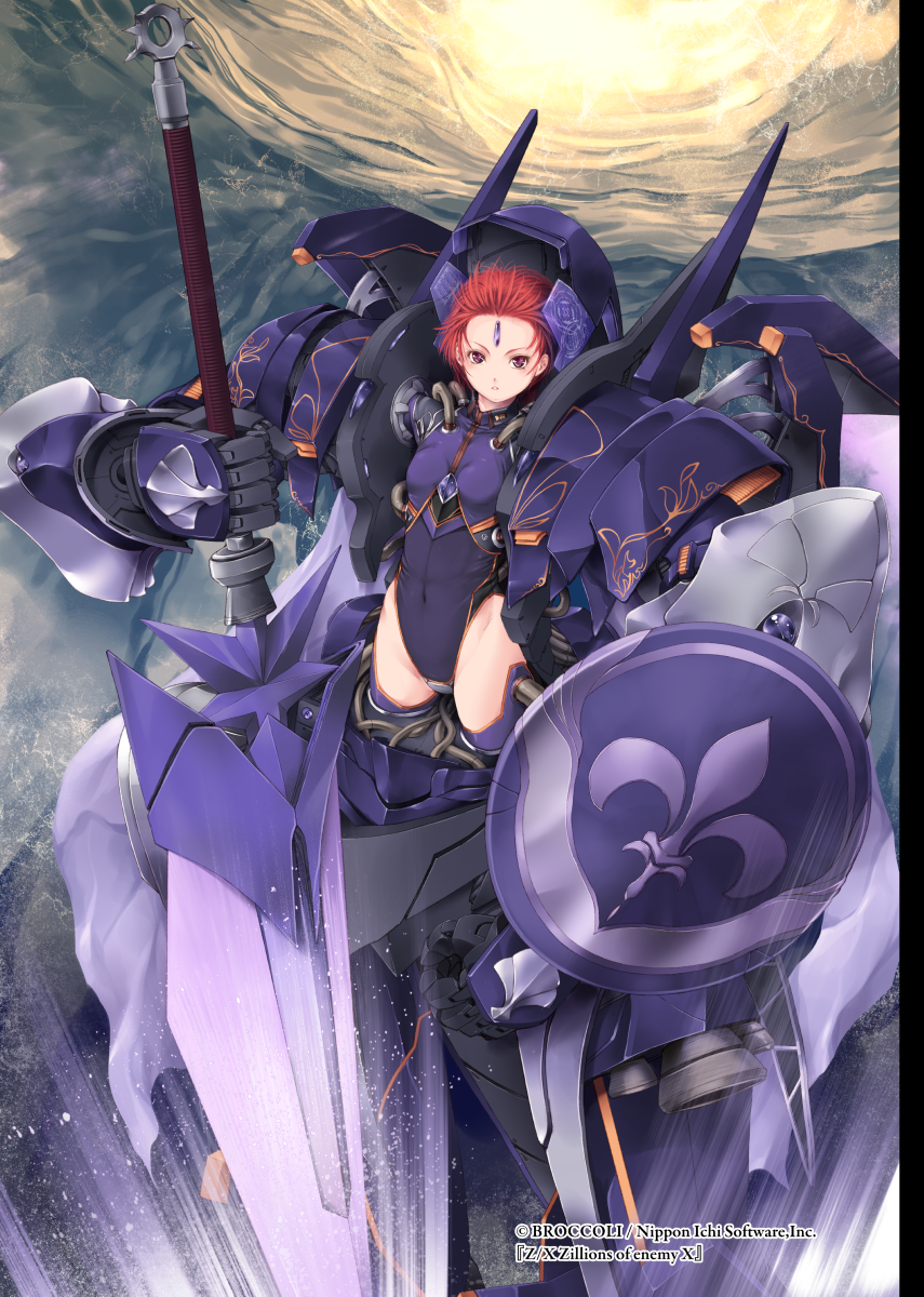 1girl breasts collared_leotard commentary_request covered_navel cowboy_shot fleur_de_lis forehead_jewel groin highres holding holding_shield holding_sword holding_weapon huge_weapon kirishima_satoshi leotard looking_at_viewer mecha_musume official_art purple_legwear purple_leotard redhead shield short_hair skindentation small_breasts solo spiky_hair sword thigh-highs watermark weapon z/x