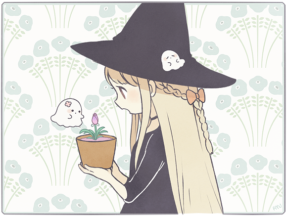 ayu_(mog) black_choker black_dress black_headwear blonde_hair bow braid choker dress floral_background flower ghost hair_bow hat holding long_hair open_mouth plant potted_plant purple_flower red_bow violet_eyes witch witch_hat