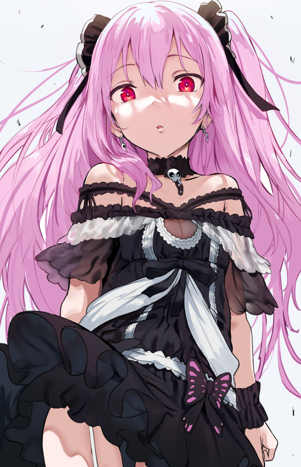 1girl alternate_hair_color bow choker clenched_hand dress earrings garter_straps gothic_lolita hair_bow hews_hack hololive jewelry lolita_fashion long_hair looking_at_viewer off-shoulder_dress off_shoulder pink_hair red_eyes solo twintails uruha_rushia virtual_youtuber