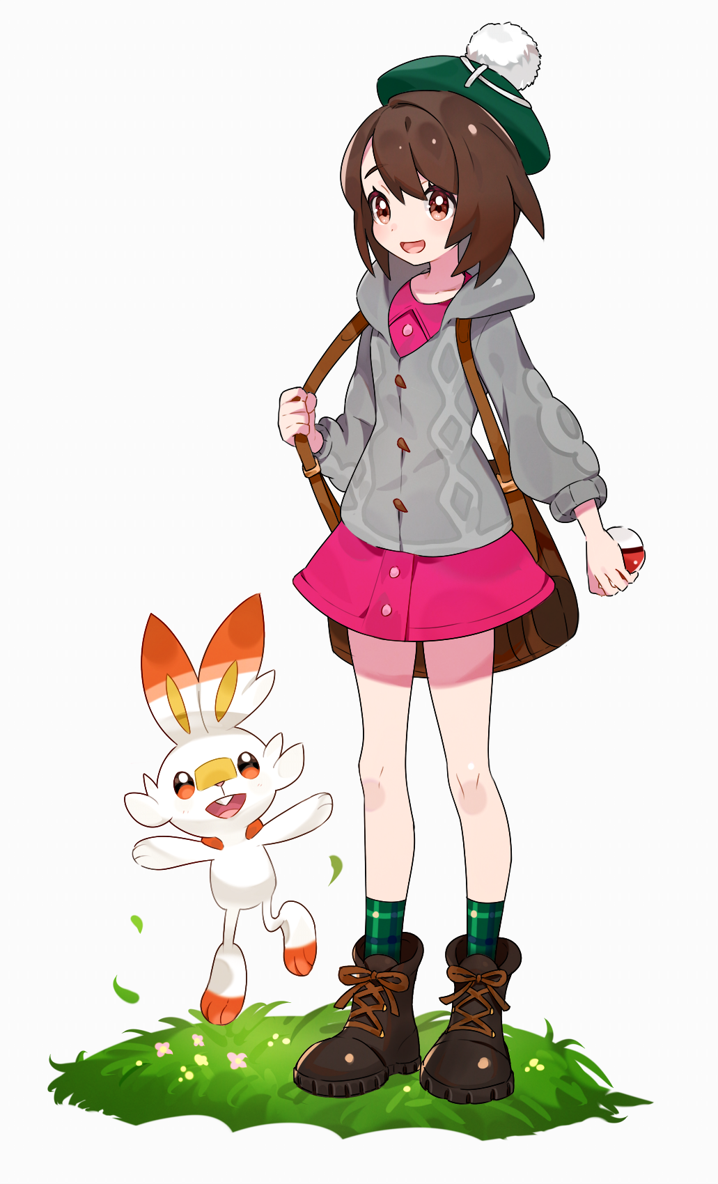 1girl bag bangs boots brown_eyes brown_footwear brown_hair cardigan commentary_request dress full_body gen_8_pokemon grass green_headwear green_legwear grey_cardigan hat highres holding knees long_sleeves muraki_(owantogohan) open_mouth pink_dress poke_ball poke_ball_(generic) pokemon pokemon_(creature) pokemon_(game) pokemon_swsh scorbunny short_hair smile socks standing tam_o'_shanter tongue white_background yuuri_(pokemon)