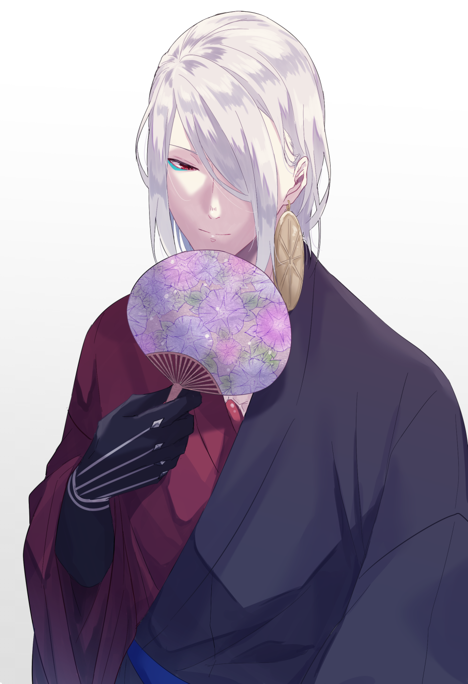 1boy alternate_costume alternate_hairstyle bangs bodysuit closed_eyes eyeshadow fan fate/grand_order fate_(series) hair_over_one_eye highres hukahire0313 japanese_clothes jewelry karna_(fate) kimono makeup male_focus multicolored multicolored_clothes multicolored_kimono pale_skin paper_fan red_eyes shiny shiny_hair simple_background single_earring solo upper_body white_background white_hair