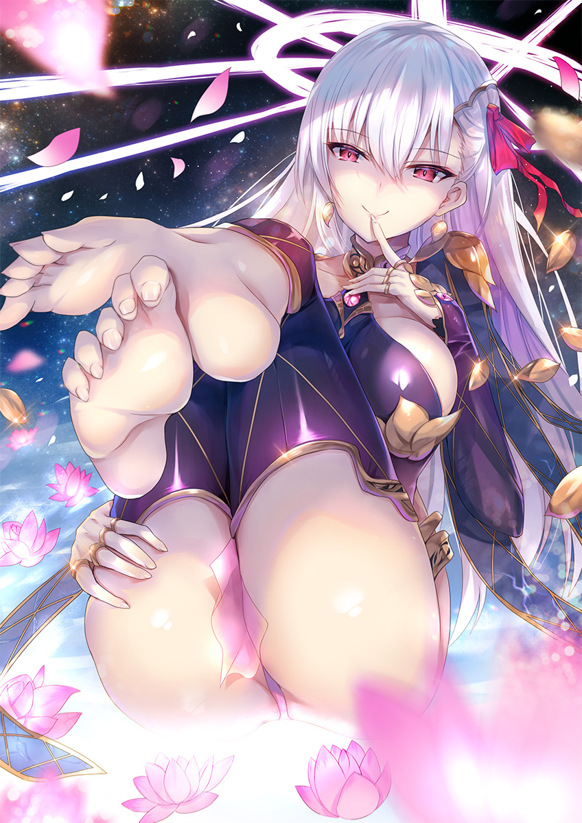 1girl armor ass bangs bare_shoulders bikini_armor blush breasts circlet closed_mouth collar detached_sleeves dress earrings fate/grand_order fate_(series) feet floral_print flower hair_ribbon halo highres hinot jewelry kama_(fate/grand_order) large_breasts leaning_back legs long_hair looking_at_viewer lotus metal_collar pelvic_curtain petals purple_dress purple_legwear purple_sleeves red_eyes ribbon ring sideboob silver_hair sky smile soles star_(sky) starry_sky thigh-highs thighlet toes