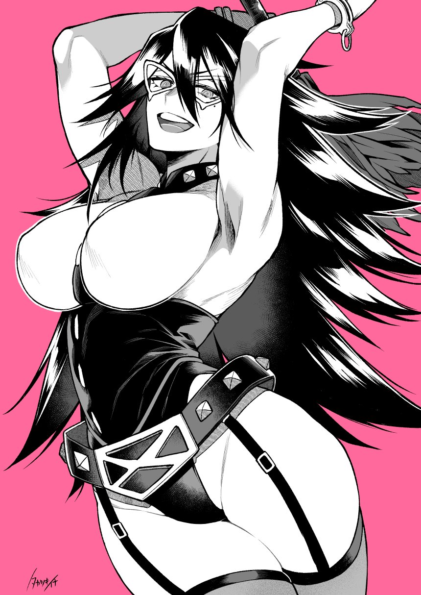1girl armpits arms_up belt boku_no_hero_academia covered_nipples cuffs greyscale hair_between_eyes hatching highres holding holding_weapon holding_whip leotard long_hair mask midnight_(boku_no_hero_academia) mole mole_under_eye monochrome open_mouth pink_background shackles signature simple_background solo takatsuki_ichi teeth tongue upper_teeth weapon whip