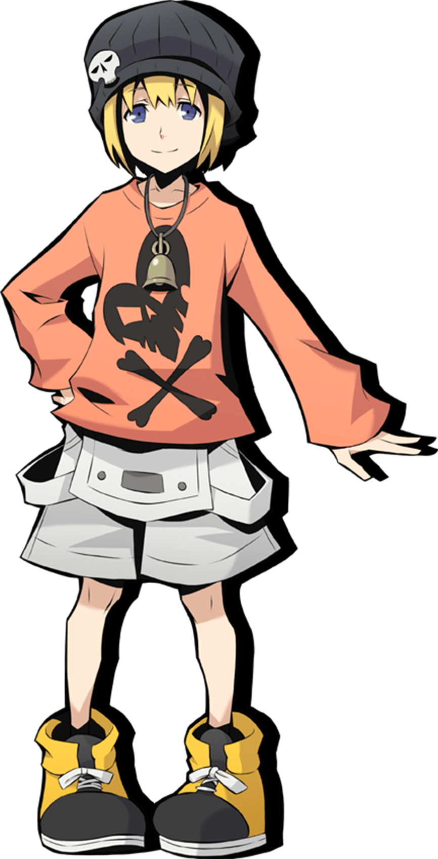 1girl beanie bitou_raimu blonde_hair blue_eyes hat highres jewelry necklace official_art shoes shorts skull_and_crossbones smile sneakers solo subarashiki_kono_sekai subarashiki_kono_sekai_the_animation transparent_background