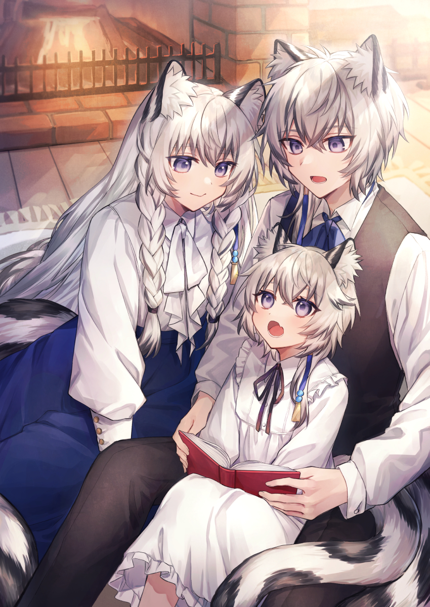 1boy 2girls animal_ear_fluff animal_ears arknights bangs black_vest blue_skirt blush book braid brother_and_sister cliffheart_(arknights) closed_mouth collared_dress collared_shirt commentary_request dress eyebrows_visible_through_hair fang fireplace frills grey_hair hair_between_eyes hair_over_shoulder highres holding holding_book indoors koyukomu leopard_ears leopard_girl leopard_tail long_hair long_sleeves multicolored_hair multiple_girls open_book open_mouth pramanix_(arknights) puffy_long_sleeves puffy_sleeves shirt short_hair siblings silver_hair silverash_(arknights) sisters skirt smile tail twin_braids two-tone_hair very_long_hair vest violet_eyes white_dress white_shirt