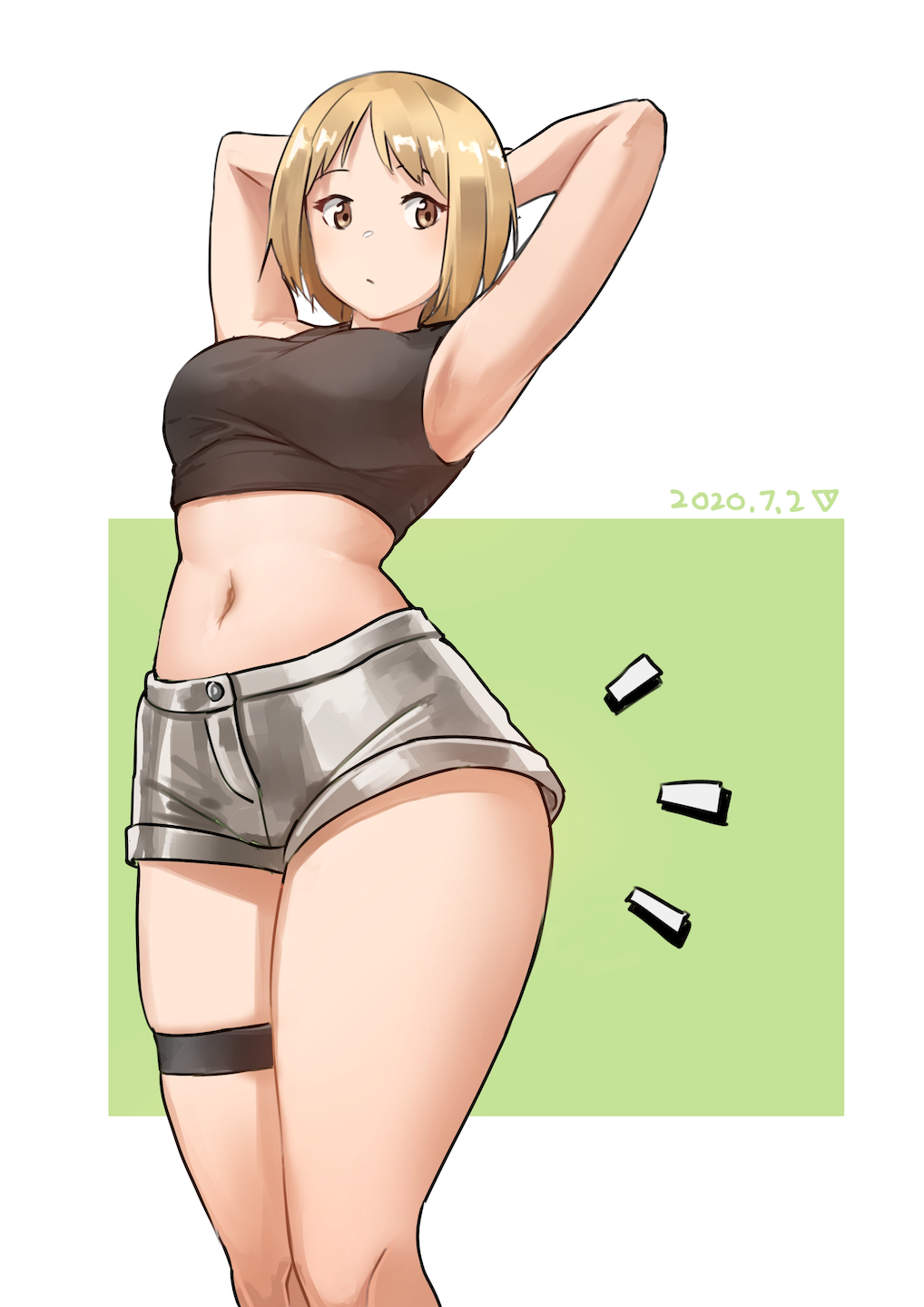 1girl armpits arms_behind_head blonde_hair crop_top girls_frontline highres legband midriff mp40_(girls_frontline) navel plump short_hair short_shorts shorts simple_background skindentation solo thick_thighs thighs triangle_bullet yellow_eyes