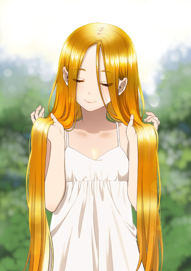 1girl blonde_hair blurry blurry_background closed_eyes dress ears eyebrows_visible_through_hair eyes_visible_through_hair holding holding_hair long_hair mattaku_mousuke original solo spaghetti_strap sundress upper_body very_long_hair