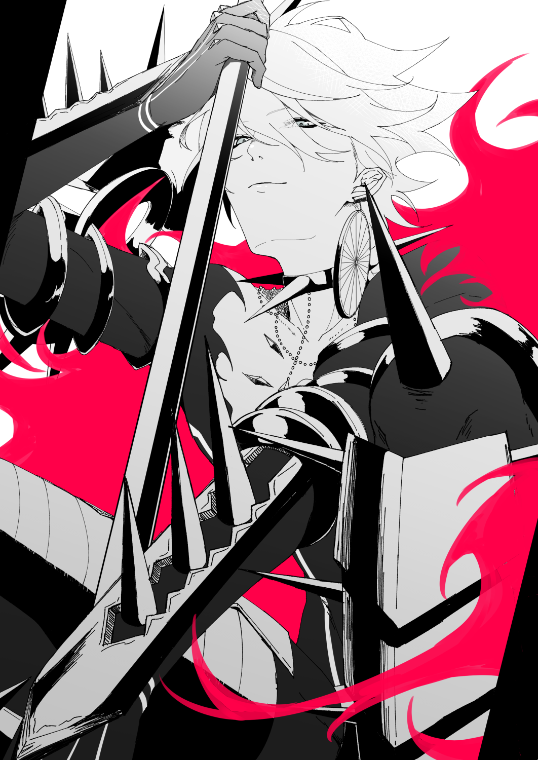 1boy armor bangs blue_eyes collar eyebrows_visible_through_hair eyes_visible_through_hair fate/grand_order fate_(series) greyscale hair_between_eyes highres hukahire0313 jewelry karna_(fate) lance looking_at_viewer male_focus monochrome pale_skin polearm shiny shiny_hair simple_background single_earring smirk solo spiked_collar spikes upper_body weapon white_hair