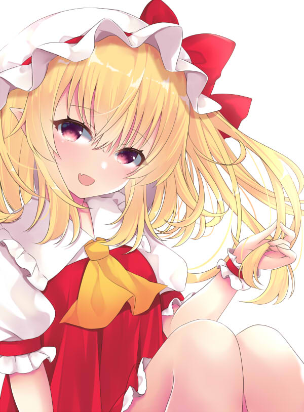 1girl blonde_hair bow commentary fang flandre_scarlet hand_up hat hat_bow knees_up long_hair looking_at_viewer mob_cap open_mouth playing_with_own_hair pointy_ears puffy_short_sleeves puffy_sleeves red_bow red_eyes red_vest shirt short_sleeves simple_background sitting skin_fang smile solo tosakaoil touhou vest white_background white_headwear white_shirt wrist_cuffs yellow_neckwear