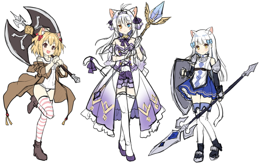 3girls :d aina_rive animal_ears axe bare_shoulders black_footwear black_gloves blue_bow blue_eyes blue_skirt blush boots bow brown_eyes brown_footwear brown_hair brown_jacket cat_ears cat_girl cat_tail commentary_request dress elbow_gloves fingerless_gloves gloves hair_bow heterochromia holding holding_axe holding_shield holding_spear holding_staff holding_weapon jacket long_hair long_sleeves mauve multiple_girls off_shoulder old_school_swimsuit one-piece_swimsuit open_clothes open_jacket open_mouth original pleated_skirt polearm purple_bow purple_dress school_swimsuit shield silver_hair simple_background sketch skirt smile spear staff standing standing_on_one_leg strapless strapless_dress striped striped_legwear swimsuit tail tail_bow thigh-highs thighhighs_under_boots tiara two_side_up very_long_hair weapon white_background white_legwear white_swimsuit