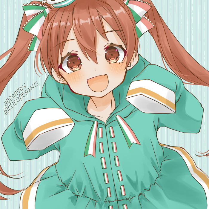 1girl alternate_costume brown_eyes brown_hair cocoperino commentary_request dated dress fang green_background green_dress hair_ribbon kantai_collection libeccio_(kantai_collection) long_hair looking_at_viewer multicolored multicolored_ribbon open_mouth ribbon sleeves_past_fingers sleeves_past_wrists smile solo striped striped_background twintails twitter_username upper_body