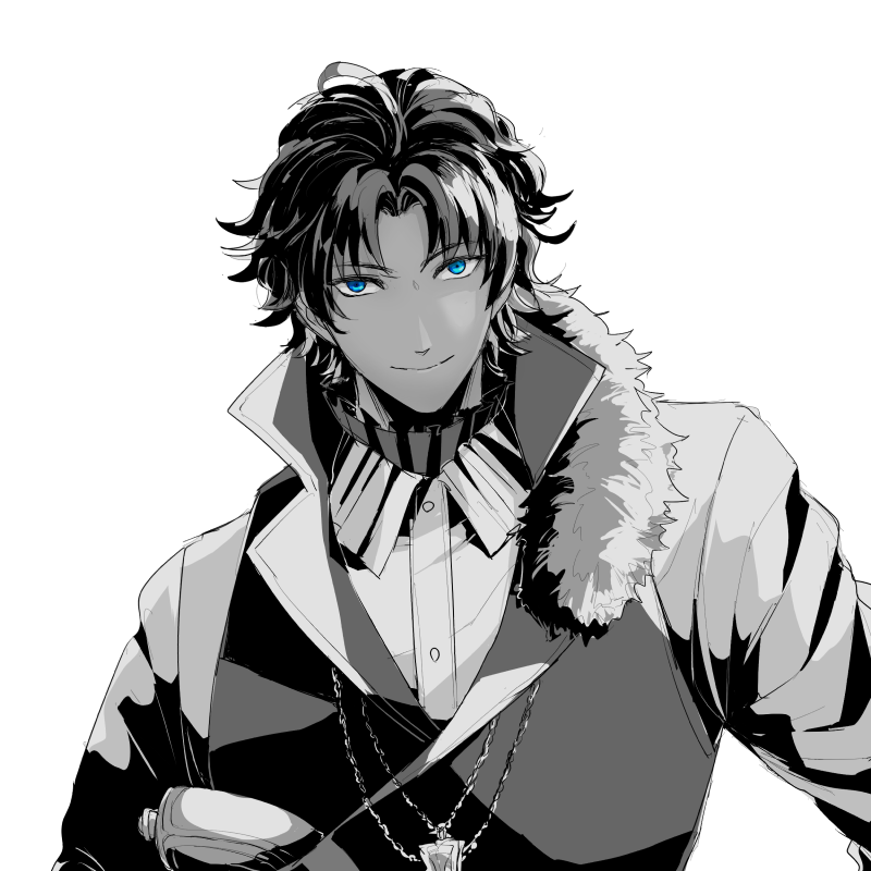 1boy ahoge bangs bartholomew_roberts_(fate/grand_order) blue_eyes bluespeaker collar cross cross_necklace dark_skin dark_skinned_male eyebrows_visible_through_hair fate/grand_order fate_(series) frilled_shirt_collar frills fur_collar greyscale jewelry looking_at_viewer male_focus monochrome multicolored_hair necklace partially_colored smile solo two-tone_hair upper_body white_background