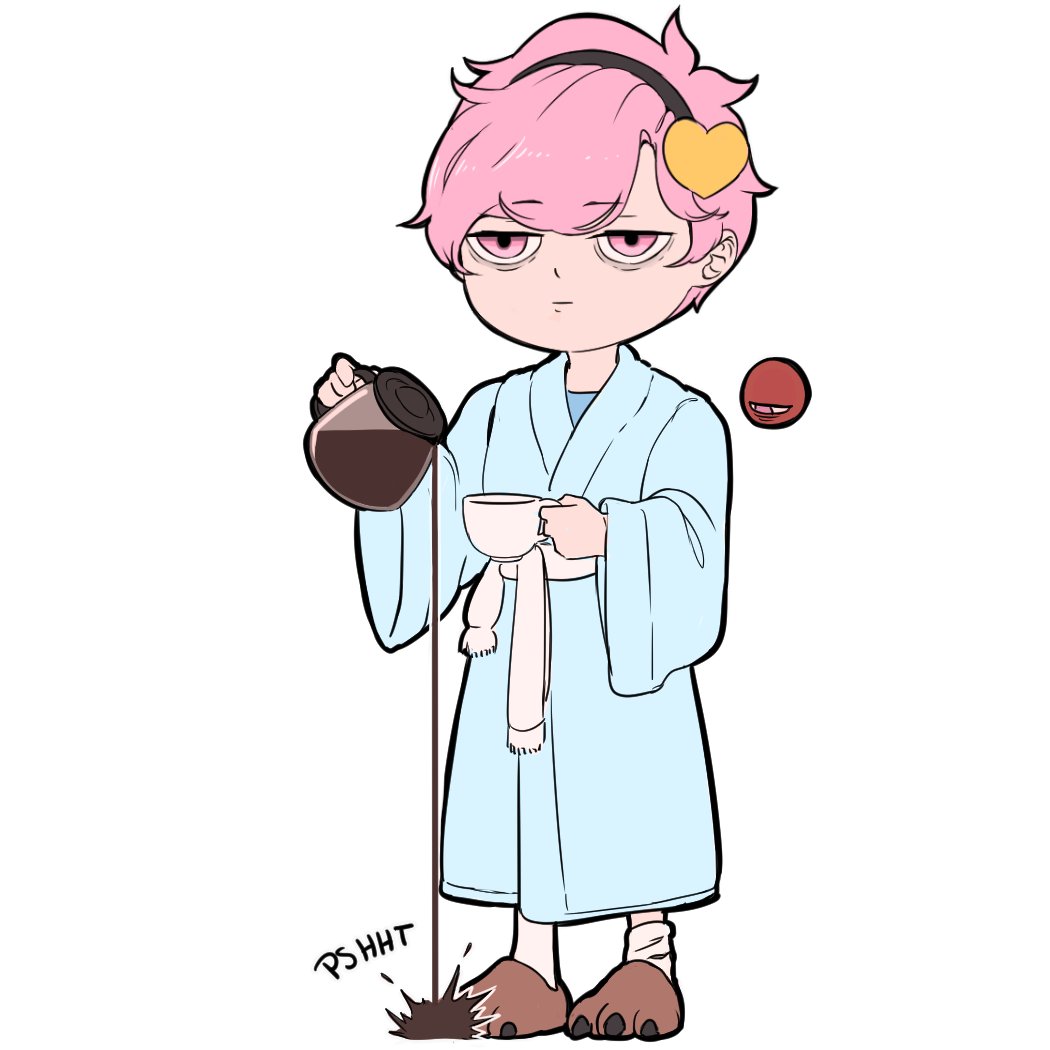1girl alternate_costume bathrobe chibi coffee coffee_cup coffee_pot cup disposable_cup eyebrows_visible_through_hair full_body hand_up holding holding_cup jitome komeiji_satori long_sleeves mefomefo pink_eyes pink_hair pouring short_hair simple_background slippers socks solo spill spilling third_eye tired touhou white_background wide_sleeves