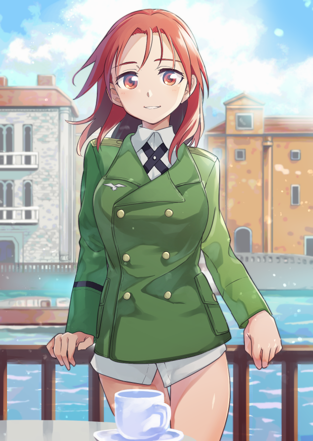 1girl blue_sky building buttons commentary_request cowboy_shot cup green_jacket jacket long_hair long_sleeves looking_at_viewer military military_uniform minna-dietlinde_wilcke neck_ribbon niina_ryou no_pants orange_eyes orange_hair ribbon river shirt sky solo strike_witches teacup thighs uniform white_shirt world_witches_series