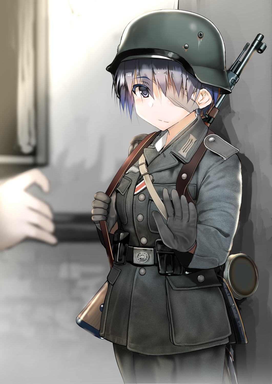 1girl belt blurry bolt_action depth_of_field eyepatch germany gloves grey_eyes gun helmet highres mauser_98 military military_uniform original rifle rifle_on_back samazuka_mashiro short_hair silver_hair stahlhelm uniform weapon world_war_ii