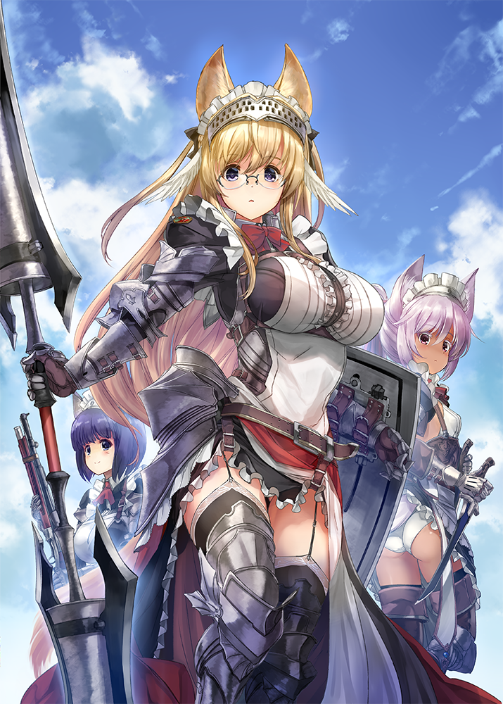3girls :o armored_skirt ascot bangs black-framed_eyewear black_dress black_eyes black_legwear blonde_hair blue_eyes blue_hair blue_sky bob_cut boots bow bowtie breasts closed_mouth clouds cloudy_sky commentary_request crotch_seam dark_skin dog_girl dress dual_wielding elbow_gloves eyebrows_visible_through_hair fantasy frilled_dress frills from_behind garter_straps gauntlets glasses gloves greaves grey_footwear grey_gloves gun headgear holding holding_gun holding_shield holding_sword holding_weapon kiryuu_takahisa lance large_breasts lavender_hair long_hair long_sleeves looking_at_viewer looking_back maid maid_headdress medium_hair multiple_girls original outdoors over-rim_eyewear overskirt panties parted_lips polearm ponytail red_neckwear rifle semi-rimless_eyewear shield short_dress short_hair short_sword sky smile standing sword tail_lift thigh-highs thigh_boots underwear violet_eyes weapon white_panties