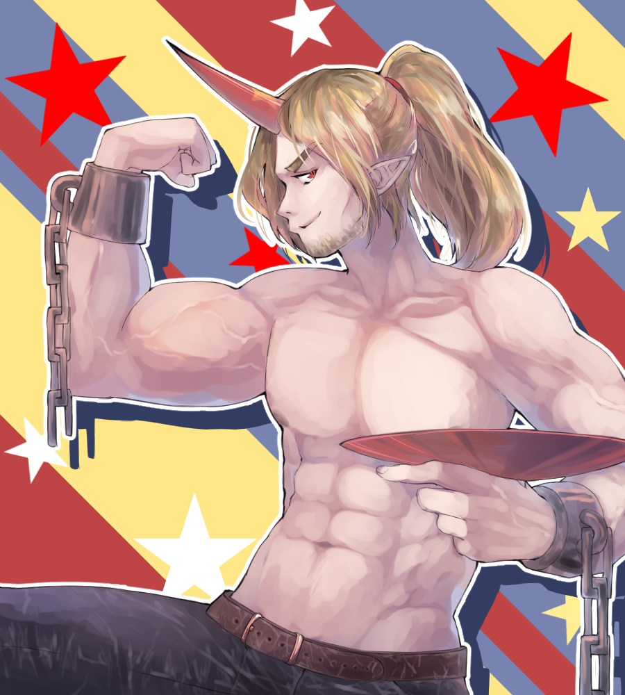 1boy abs alternate_hairstyle beard belt biceps blonde_hair chain chest closed_mouth collarbone cuffs cup dark_nipples denim eyebrows facial_hair flexing genderswap genderswap_(ftm) high_ponytail holding horns hoshiguma_yuugi jeans long_hair looking_at_viewer male_focus muscle navel nipples oni pants pectorals pointy_ears pose red_eyes sakazuki shackles shirtless sidelocks sideways_glance single_horn slit_pupils smile solo stomach sunyup touhou veins