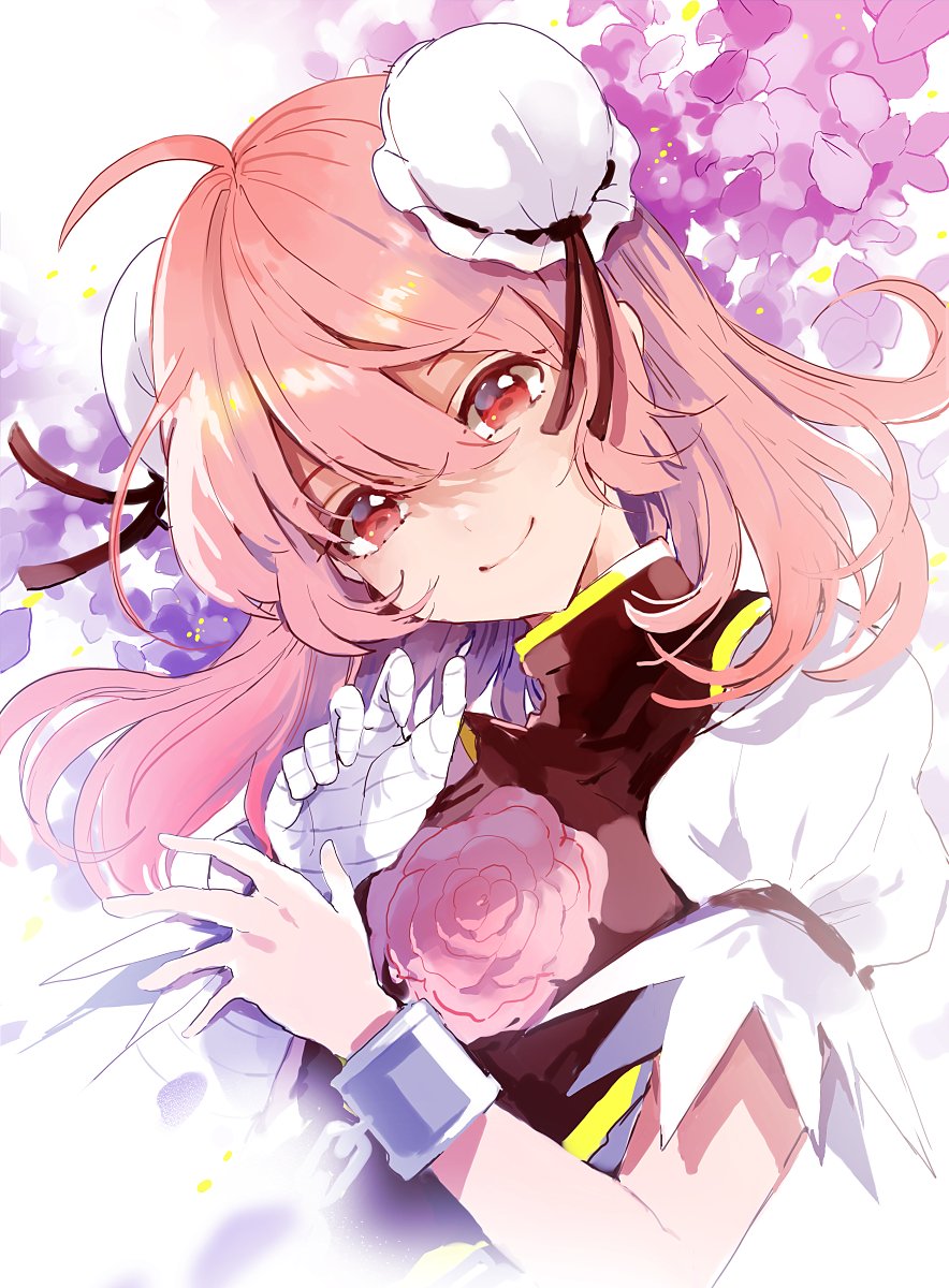 1girl ahoge azuma_aya bandaged_arm bandages bun_cover chinese_clothes commentary_request cuffs double_bun flower hair_between_eyes highres ibaraki_kasen looking_at_viewer medium_hair official_art petals pink_eyes pink_flower pink_hair pink_rose puffy_short_sleeves puffy_sleeves rose shackles short_sleeves smile solo touhou upper_body wild_and_horned_hermit