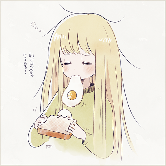 1girl ayu_(mog) blonde_hair blush closed_eyes food fried_egg ghost green_sweater holding holding_food long_hair messy_hair mouth_hold original signature sleepy solo sweater translation_request