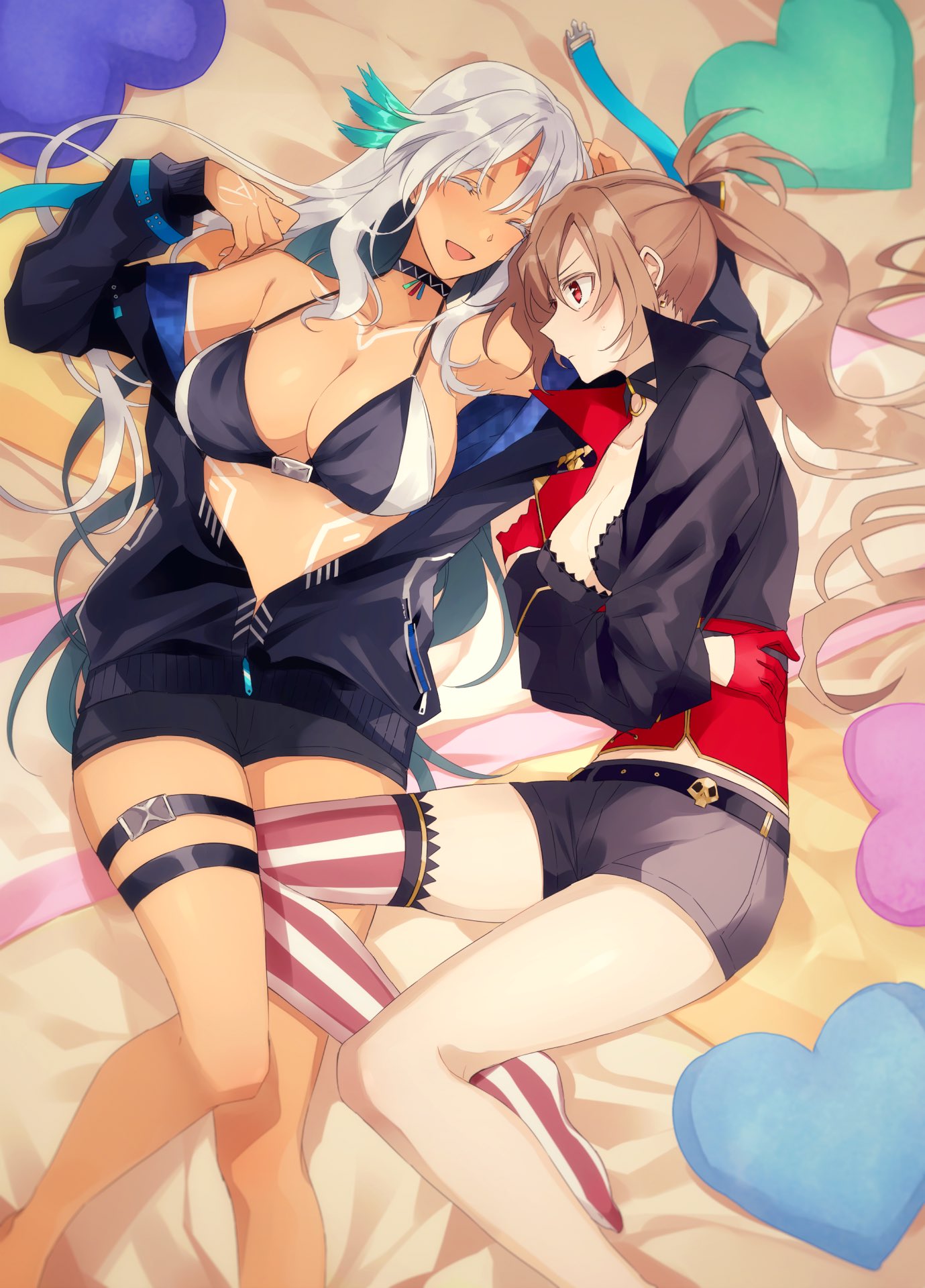 2girls amazuki_jou asymmetrical_footwear azur_lane belt bikini bikini_top black_jacket body_markings bodypaint breasts center_opening choker closed_eyes dark_skin facial_mark feather_hair_ornament feathers forehead_mark gloves gradient_hair hair_feathers half_gloves highres jacket jean_bart_(azur_lane) light_brown_hair lying massachusetts_(azur_lane) micro_shorts multicolored_hair multiple_girls native_american ponytail red_eyes shorts single_knee_boot skull swimsuit thighlet white_hair white_nails yuri