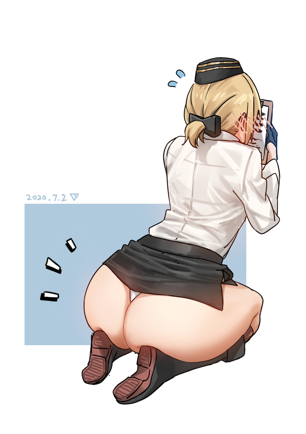 1girl ass blonde_hair blush clipboard facing_away garrison_cap girls_frontline gloves hat highres mp40_(girls_frontline) panties pencil_skirt plump ponytail seiza simple_background sitting skirt solo triangle_bullet underwear white_panties