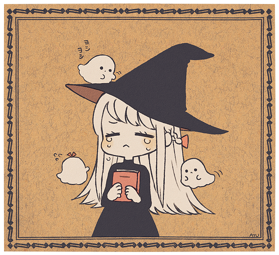 1girl :&lt; =_= ayu_(mog) black_dress black_headwear blonde_hair blush book bow closed_eyes crying dress facing_viewer ghost hair_bow hat holding holding_book long_hair long_sleeves original red_bow solo tears transparent_border witch witch_hat