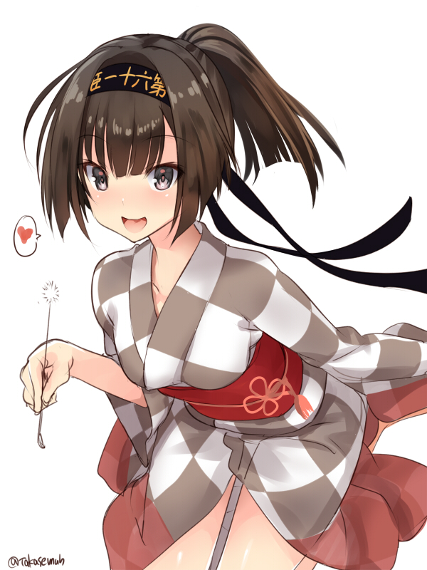 1girl akizuki_(kantai_collection) bangs black_eyes black_hair blush breasts clothes_writing eyebrows_visible_through_hair hachimaki headband heart holding japanese_clothes kantai_collection kimono long_hair medium_breasts mimikaki obi open_mouth ponytail sash simple_background solo spoken_heart takase_muu white_background wide_sleeves yukata