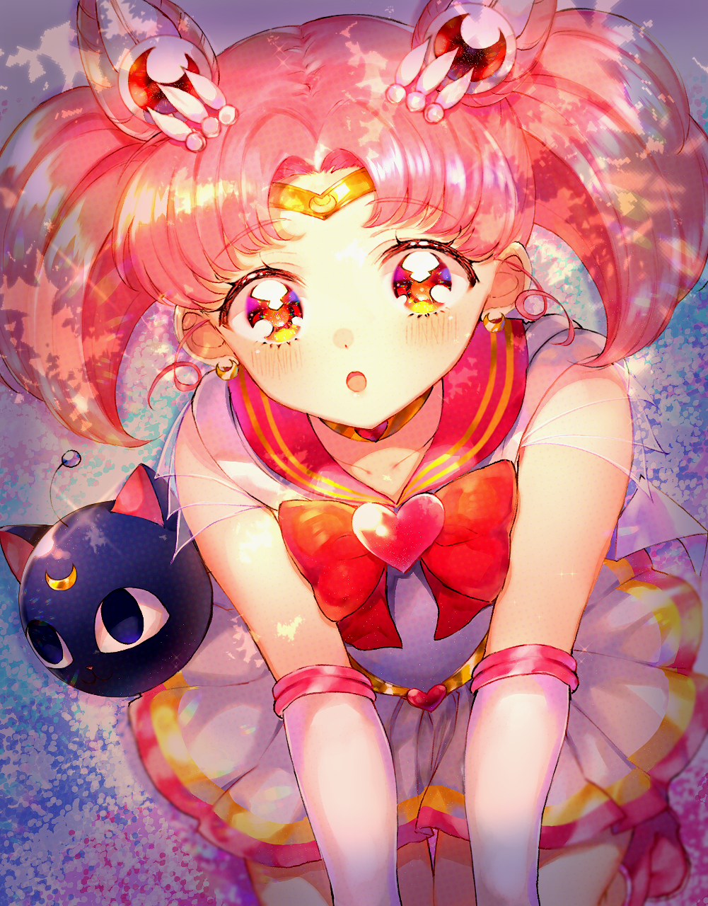 1girl :o bangs bishoujo_senshi_sailor_moon blush boots bow chibi_usa circlet crescent crescent_earrings earrings elbow_gloves eyebrows_visible_through_hair gloves hair_ornament heart highres jewelry knee_boots looking_at_viewer maria_(maria0304) parted_bangs parted_lips pink_footwear pink_hair pleated_skirt red_bow red_eyes red_sailor_collar sailor_collar sailor_moon see-through see-through_sleeves shirt short_sleeves sidelocks skirt twintails white_gloves white_shirt white_skirt