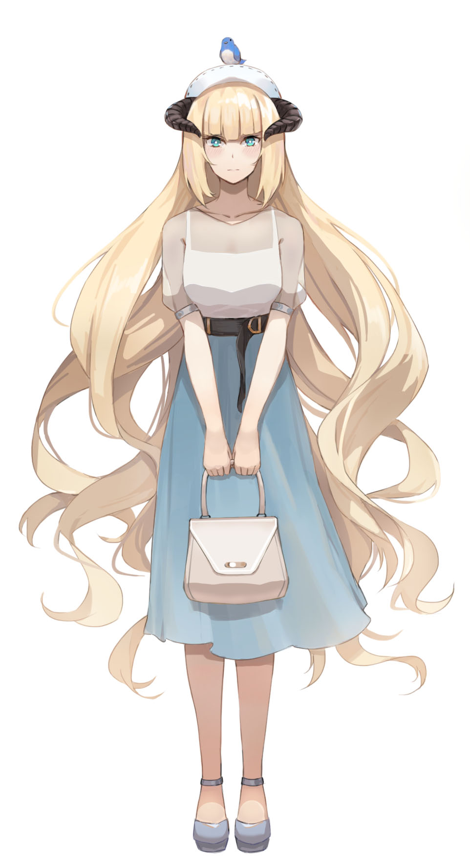 1girl alternate_costume arknights bag bangs belt belt_buckle beret bird blonde_hair blue_eyes blue_footwear blue_skirt blunt_bangs blush breasts buckle casual closed_mouth collarbone commentary_request facing_viewer handbag hat highres holding holding_bag horns ina_(inadiary) long_hair long_skirt looking_at_viewer medium_breasts nightingale_(arknights) platform_footwear see-through short_sleeves simple_background skirt solo very_long_hair white_background white_headwear