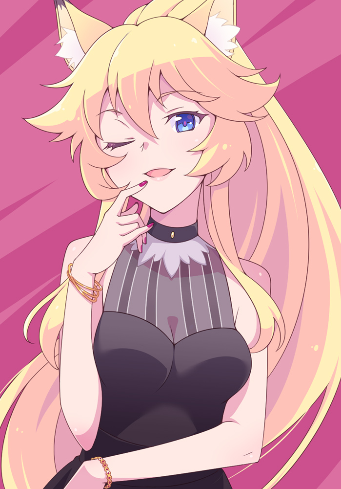 1girl ;d animal_ear_fluff animal_ears bangs black_dress blonde_hair blue_eyes bow bracelet caracal_ears dress e20 finger_to_mouth hair_flaps jewelry long_hair looking_at_viewer nail_polish one_eye_closed open_mouth ponytail rararin_(show_by_rock!!) red_bow red_nails show_by_rock!! sidelocks sleeveless sleeveless_dress smile solo upper_body very_long_hair