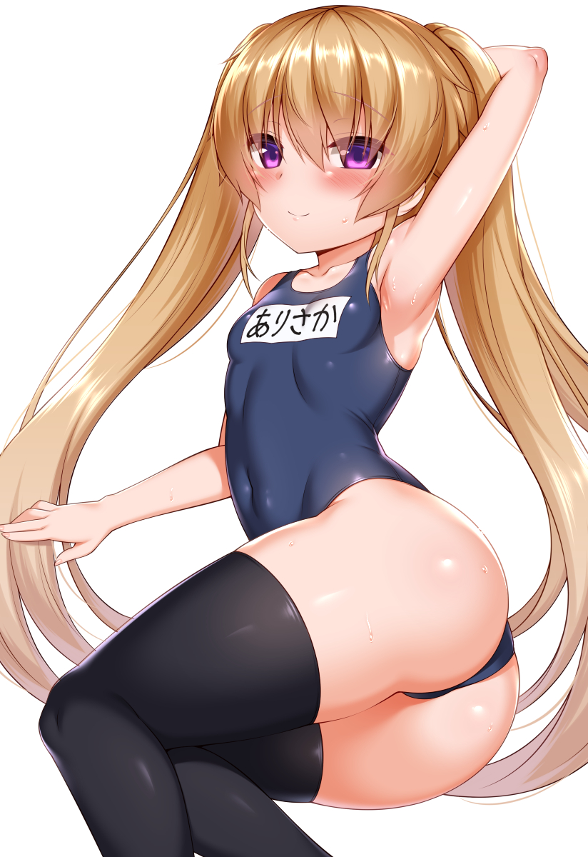1girl ao_no_kanata_no_four_rhythm arisaka_mashiro arm_up armpits ass black_legwear breasts brown_hair eyebrows_visible_through_hair highres long_hair looking_at_viewer name_tag pink_eyes school_swimsuit simple_background small_breasts smile solo swimsuit thigh-highs twintails very_long_hair white_background zirba