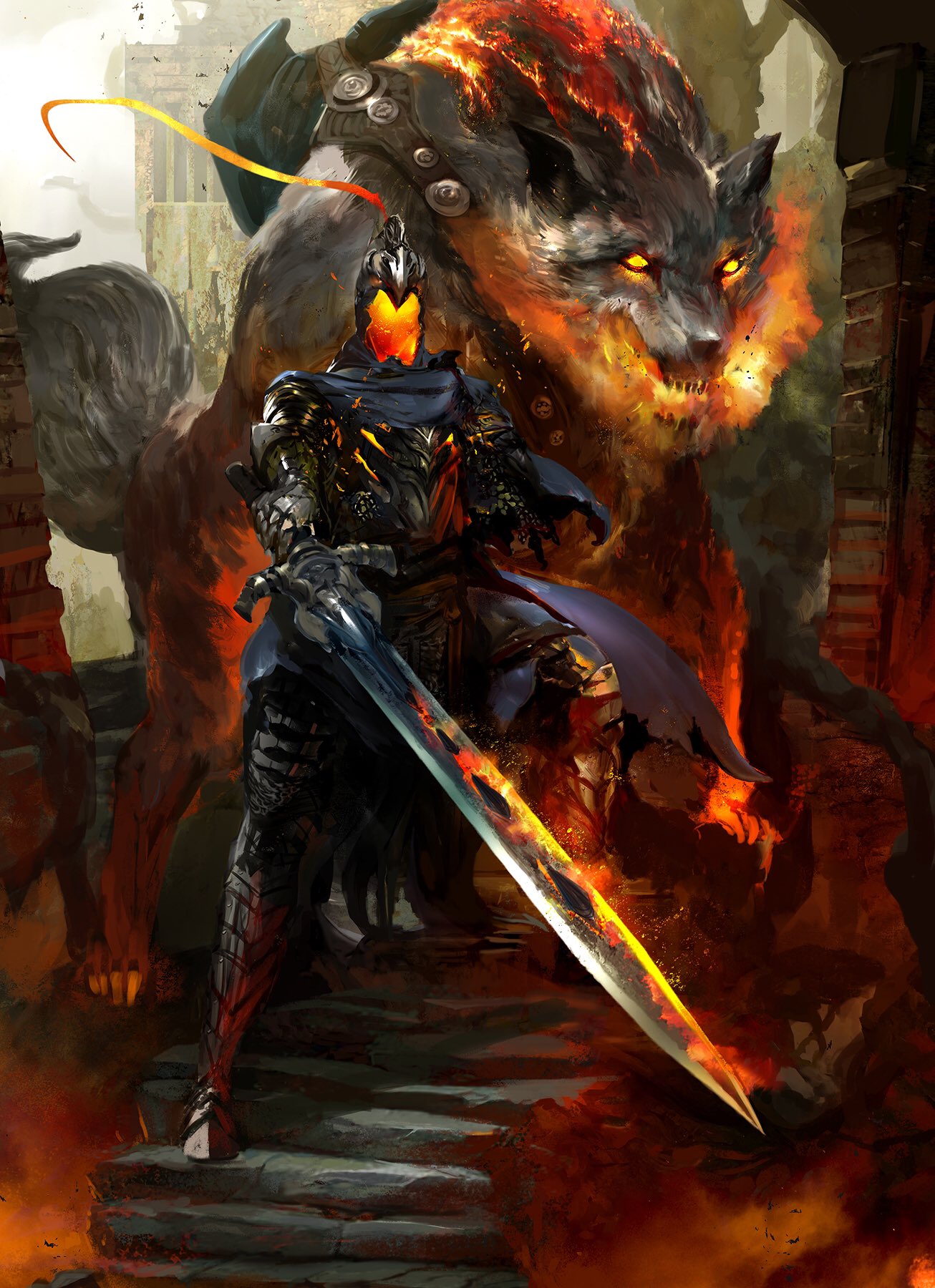 1boy animal armor artorias_the_abysswalker blue_cape breathing_fire cape clouds cloudy_sky dark_souls day debris embers faceless fangs fire fire_body flaming_eyes flaming_sword flaming_weapon full_armor great_grey_wolf_sif grey_wolf highres kekai_kotaki knight light_rays long_sword looking_at_viewer oversized_animal ruins severed_arm severed_limb shield sky souls_(from_software) stairs standing sunlight tagme torn_cape torn_clothes tree wolf