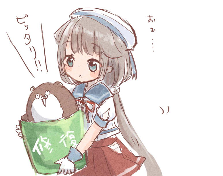 1girl 1other blue_sailor_collar bokukawauso bucket commentary_request cowboy_shot gloves green_eyes grey_hair hat hip_vent kantai_collection long_hair low_twintails mikura_(kantai_collection) otter pleated_skirt puffy_short_sleeves puffy_sleeves red_skirt repair_bucket sailor_collar sailor_hat sailor_shirt shirt short_sleeves simple_background skirt translation_request twintails white_background white_gloves white_shirt wss_(nicoseiga19993411)