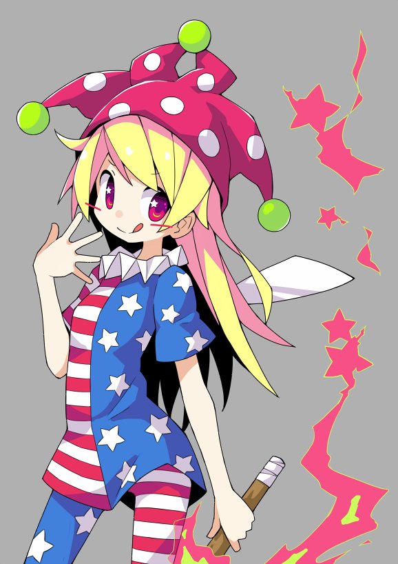 1girl :q american_flag_dress american_flag_legwear asameshi blonde_hair blush_stickers clownpiece commentary cowboy_shot fairy_wings grey_background hand_up hat holding holding_torch jester_cap long_hair looking_at_viewer neck_ruff polka_dot_headwear purple_headwear red_eyes short_sleeves smile solo star_(symbol) star_in_eye symbol_in_eye tongue tongue_out torch touhou wings
