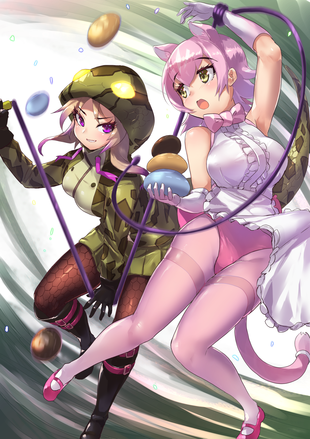2girls :o african_rock_python_(kemono_friends) apron arm_up bare_shoulders black_footwear black_gloves blonde_hair boots bow bowtie breasts center_frills drawstring extra_ears eyebrows_visible_through_hair food frilled_apron frills gloves gradient_hair green_eyes highres hood hood_up hoodie japari_bun kemono_friends knee_boots large_breasts long_sleeves motion_blur multicolored_hair multiple_girls panther_ears panther_tail pantyhose peach_panther_(kemono_friends) pink_bow pink_footwear pink_hair pink_legwear pink_neckwear purple_hair shirt shoes short_hair sleeveless sleeveless_shirt snake_print snake_tail tadano_magu tail thighband_pantyhose violet_eyes whip white_apron white_gloves white_shirt