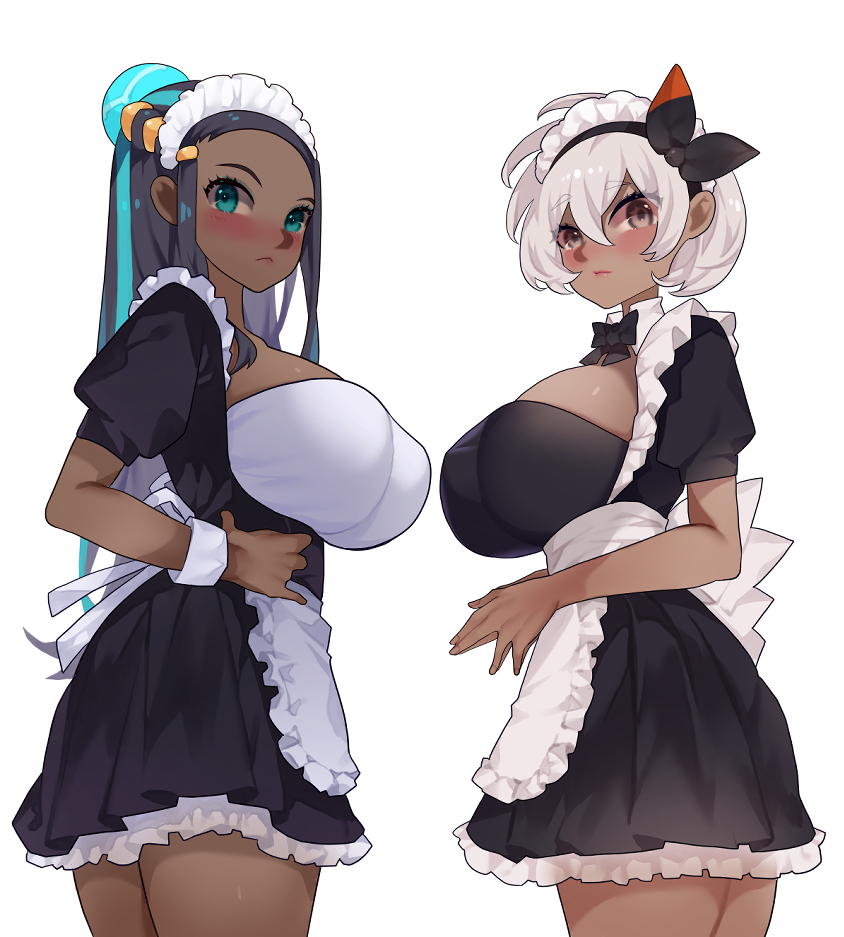 2girls alternate_breast_size alternate_costume apron bangs black_bow black_dress black_hair black_neckwear black_ribbon blue_eyes blue_hair blush bow bowtie breasts brown_eyes closed_mouth dark_skin dress enmaided eyebrows_visible_through_hair forehead frilled_apron frilled_sleeves frills from_behind hair_between_eyes hair_bun hair_ornament hair_ribbon hairclip hand_on_hip large_breasts long_hair looking_at_viewer looking_back maid maid_headdress multicolored_hair multiple_girls nose_blush own_hands_together pokemon pokemon_(game) pokemon_swsh puffy_short_sleeves puffy_sleeves ribbon rurina_(pokemon) saitou_(pokemon) short_hair short_sleeves silver_hair simple_background sumisumii two-tone_hair very_long_hair waist_apron white_apron white_background