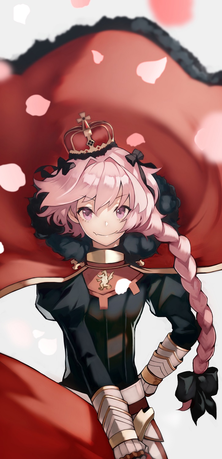 1boy alternate_costume astolfo_(fate) bangs blush bow braid cape cherry_blossoms cloak crown eyebrows_visible_through_hair fang fate/grand_order fate_(series) fur-trimmed_cloak fur_collar fur_trim hair_bow hair_intakes hair_ribbon highres long_braid long_hair long_sleeves looking_at_viewer male_focus multicolored_hair otoko_no_ko pink_hair red_cape ribbon school_uniform serafuku simple_background single_braid smile solo streaked_hair upper_body violet_eyes yoshio_(55level)