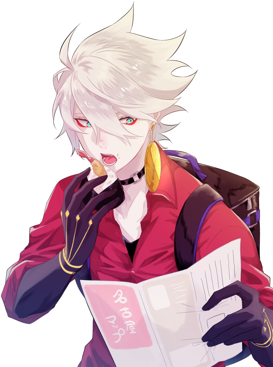 1boy alternate_costume backpack bag bangs blue_eyes eating fate/grand_order fate_(series) food hair_between_eyes highres holding hukahire0313 jewelry karna_(fate) male_focus onigiri open_clothes open_mouth pale_skin reading shiny shiny_hair simple_background single_earring solo upper_body white_background white_hair
