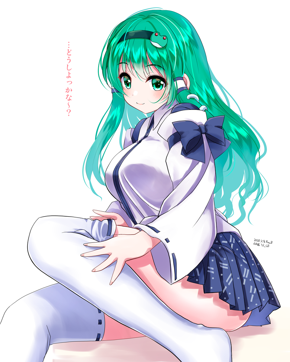 1girl artist_name bangs blue_bow blue_ribbon blue_skirt blush bow breasts closed_mouth dated detached_sleeves eyebrows_visible_through_hair frog_hair_ornament from_side green_eyes green_hair hair_ornament hair_tubes hairband highres kochiya_sanae large_breasts long_hair long_sleeves ribbon ribbon-trimmed_legwear ribbon-trimmed_sleeves ribbon_trim sidelocks sitting skirt smile snake_hair_ornament solo thigh-highs touhou translation_request white_background white_legwear wide_sleeves yamaguchi_yuu