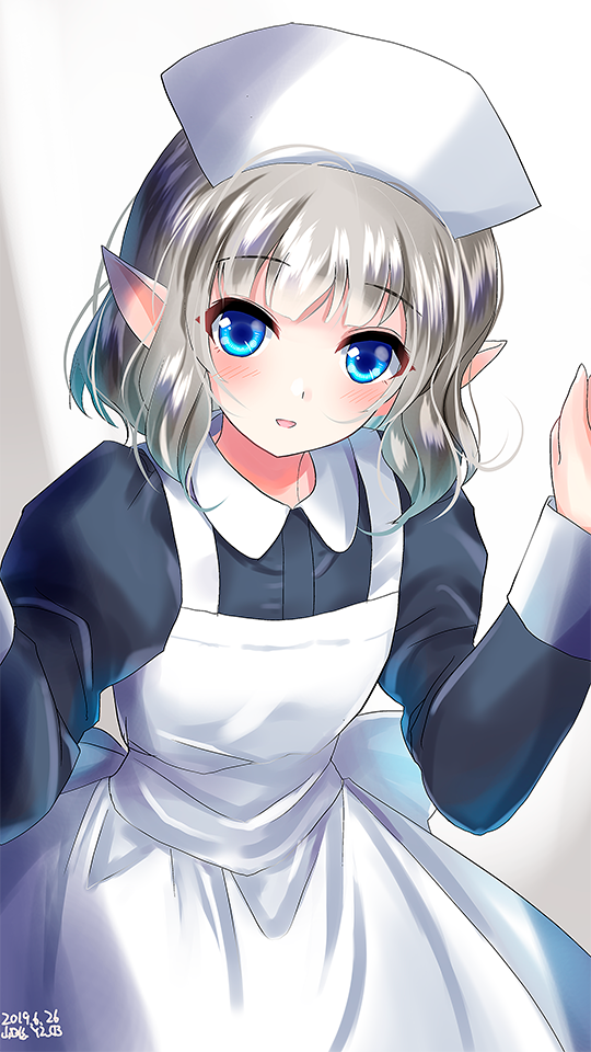 1girl apron bangs blue_eyes blush dated elf eyebrows_visible_through_hair hat juliet_sleeves long_sleeves looking_at_viewer nurse_cap original pointy_ears puffy_sleeves short_hair silver_hair smile solo white_apron yamaguchi_yuu