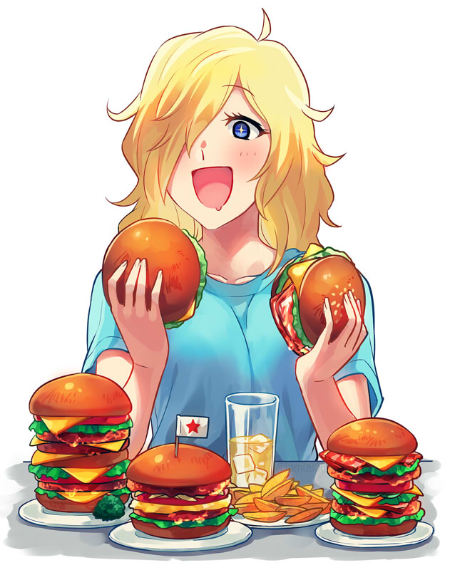 +_+ 1girl :d ahoge blonde_hair blue_eyes blue_shirt blush collarbone cup drink eyebrows_visible_through_hair food hair_over_one_eye hamburger holding holding_food jormungand long_hair open_mouth sayshownen schokolade shirt short_sleeves simple_background smile solo sparkle t-shirt upper_body white_background