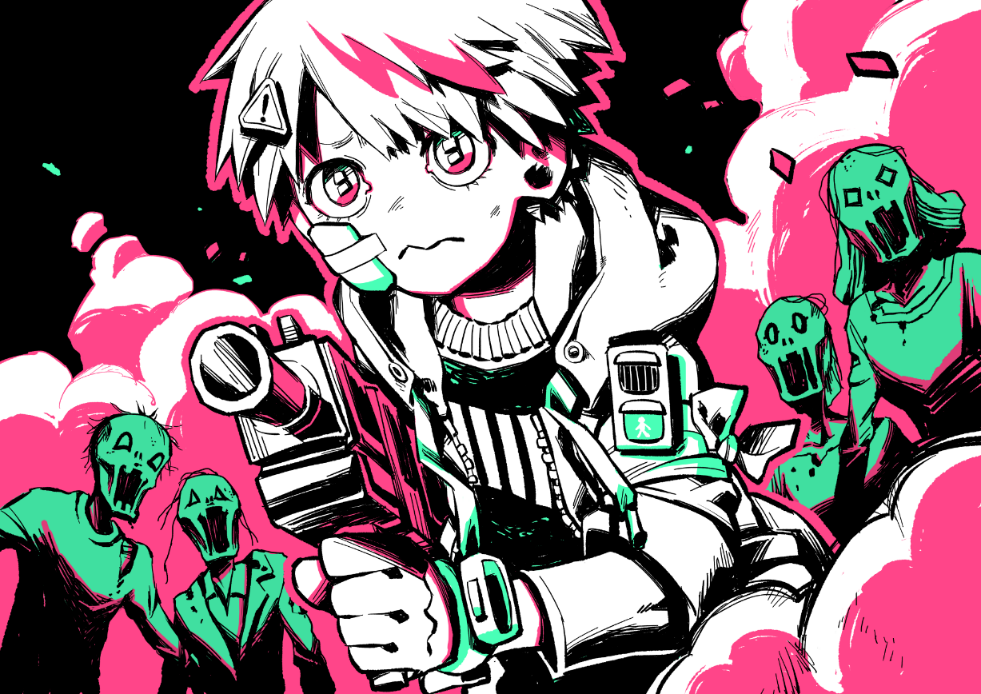 1boy 4others bandages bandaid bandaid_on_face black_background caution cherico closed_mouth gun holding holding_gun holding_weapon hood hood_down hoodie multiple_others open_mouth original outline pink_outline running saliva saliva_trail scared simple_background smoke weapon zipper zombie