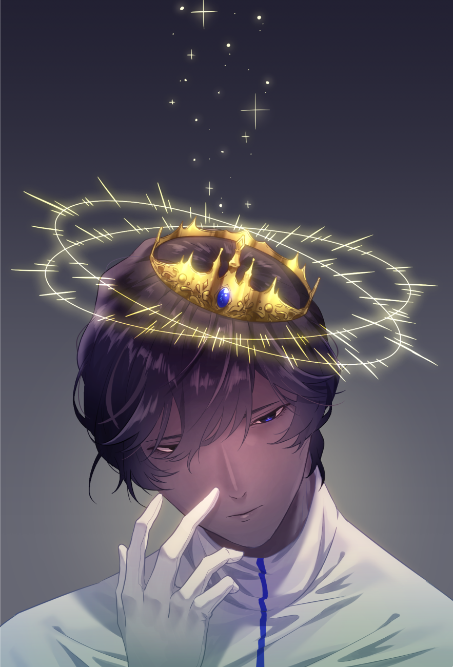 1boy arjuna_(fate/grand_order) bangs black_eyes brown_hair crown dark_skin dark_skinned_male fate/grand_order fate_(series) gloves glowing gradient gradient_background hair_between_eyes half-closed_eyes hand_up highres hukahire0313 jewelry light_particles looking_at_viewer male_focus shiny shiny_hair simple_background solo upper_body
