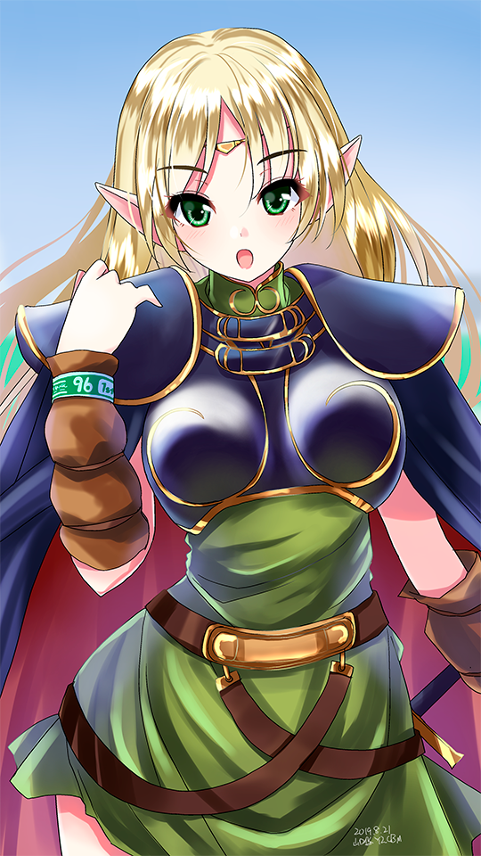 1girl bangs belt blonde_hair blush breasts cape cowboy_shot dated dress elf eyebrows_visible_through_hair green_dress green_eyes long_hair looking_at_viewer medium_breasts open_mouth original parted_bangs pointy_ears shoulder_armor solo sword sword_behind_back weapon yamaguchi_yuu