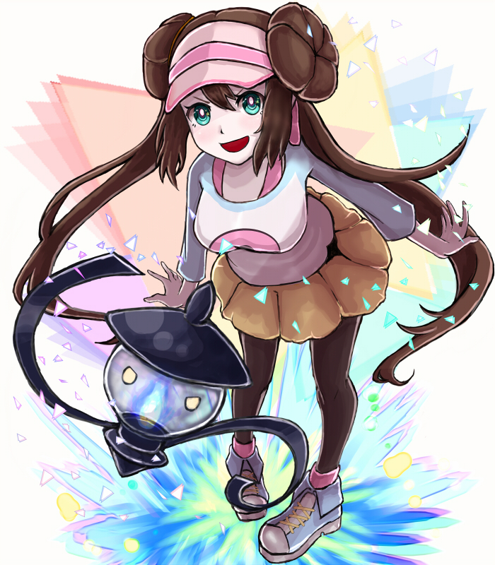 1girl 1other :d bangs black_legwear blue_eyes blue_footwear blue_sleeves bow breasts brown_hair commentary_request double_bun full_body gen_5_pokemon hat lampent large_breasts leaning_forward legwear_under_shorts long_hair looking_at_viewer mei_(pokemon) open_mouth pantyhose pink_bow poke_ball_print pokemon pokemon_(creature) pokemon_(game) pokemon_bw2 raglan_sleeves setta_shu shirt shoes short_shorts shorts sidelocks smile sneakers solo_focus standing twintails very_long_hair visor_cap white_shirt yellow_shorts