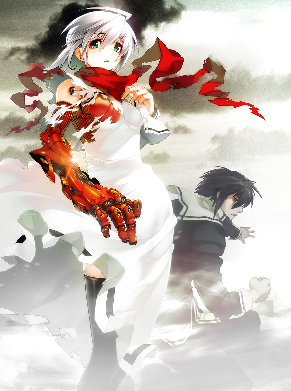 1boy 1girl bare_shoulders black_cloud black_hair black_legwear character_request clenched_hand clouds cloudy_sky copyright_request dress eyebrows_visible_through_hair fingernails glint green_eyes highres long_fingernails makeup mechanical_arm namaniku_atk outdoors parted_lips red_eyes red_scarf scarf short_hair sky smoke thigh-highs torn_clothes torn_scarf white_dress white_hair
