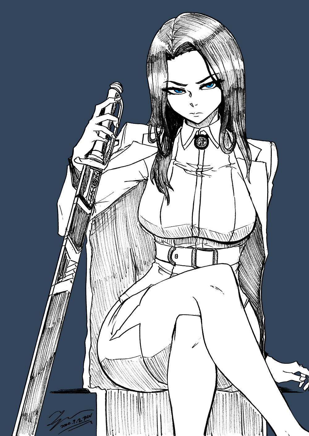 1girl blue_background blue_eyes crossed_legs dated highres invincible_dragon jacket last_origin long_hair looking_at_viewer monochrome pencil_skirt scabbard sheath side_slit signature skirt solo sword tryvor uniform weapon