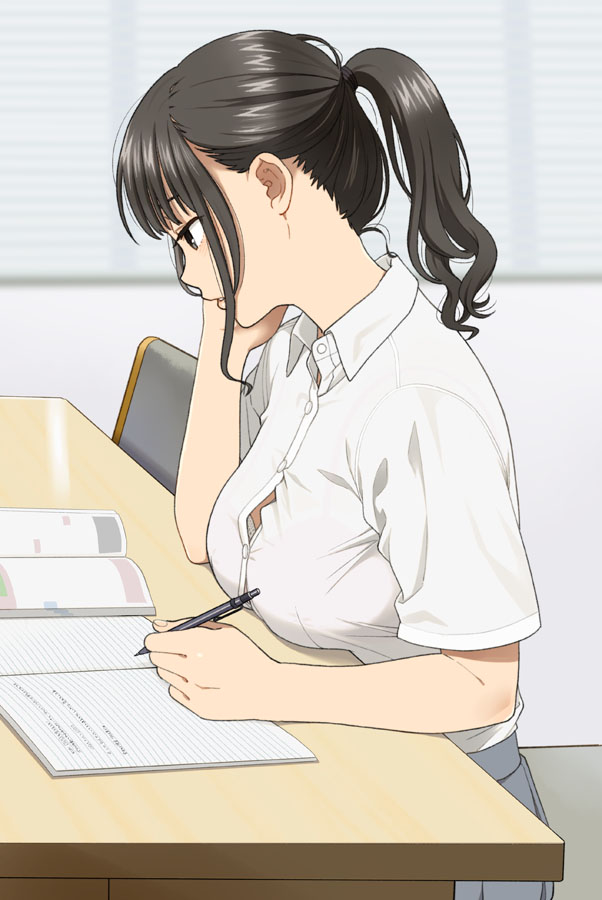 1girl black_hair blinds bra bra_peek breast_rest breasts button_gap chair collared_shirt commentary expressionless from_side grey_skirt hand_on_own_cheek holding holding_pencil indoors mattaku_mousuke mechanical_pencil medium_breasts medium_hair notebook original pencil pleated_skirt ponytail profile shirt short_sleeves sitting skirt solo table underwear white_bra white_shirt window wing_collar writing