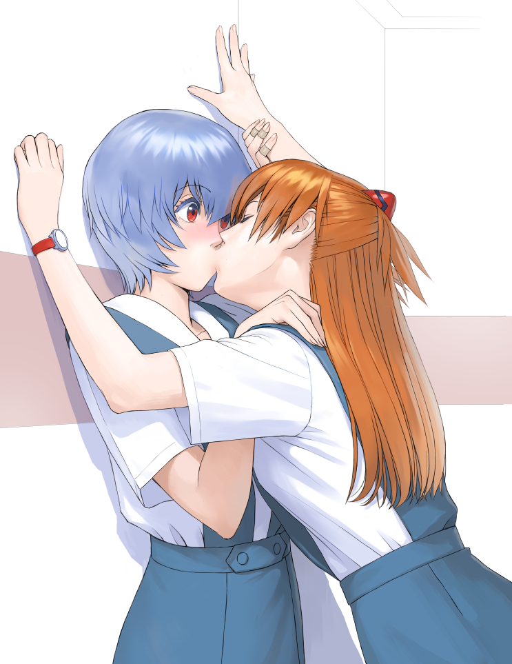 2girls against_wall arm_up ayanami_rei bandaid bandaid_on_finger bangs blue_hair blue_skirt blush brown_hair buttons colored_eyelashes commentary_request from_side hair_between_eyes hair_ornament hand_on_another's_shoulder hand_up kiss leaning_forward long_hair looking_at_another multiple_girls neon_genesis_evangelion pale_skin pleated_skirt profile red_eyes school_uniform shadow shirt short_hair short_sleeves skirt souryuu_asuka_langley standing surprise_kiss surprised suspender_skirt suspenders two_side_up upper_body wall_slam watanabe_yasuaki watch watch white_shirt wide-eyed wrist_grab yuri