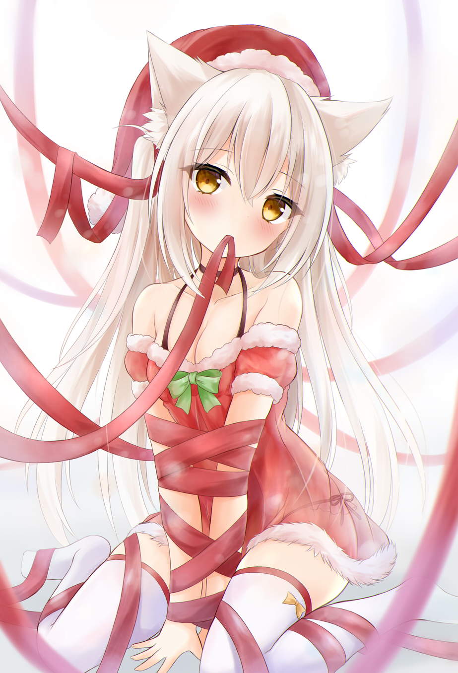 1girl animal_ear_fluff animal_ears arms_between_legs bangs black_choker blush bound bound_arms bow bow_dress bow_legwear cat_ears cat_girl choker christmas commentary dress eyebrows_visible_through_hair green_bow hair_between_eyes halterneck hat highres kata_rosu long_hair looking_at_viewer mouth_hold no_shoes off-shoulder_dress off_shoulder original panties red_dress red_ribbon ribbon ribbon_in_mouth santa_costume santa_dress santa_hat see-through see-through_dress short_dress side-tie_panties simple_background sitting solo string_panties thigh-highs underwear wariza white_hair white_legwear yellow_bow yellow_eyes zettai_ryouiki